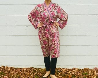 Hand-block Printed Floral Cotton Robe from India