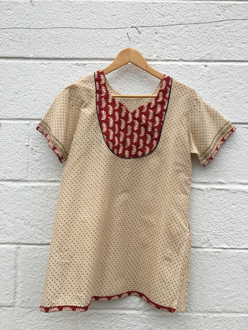 Hand-block Printed Leaf and Polka Dot Print Tunic from India