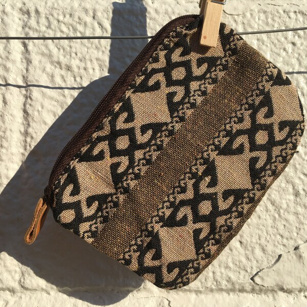 Brown and Cream Geometric-patterned Coin Purse from Laos