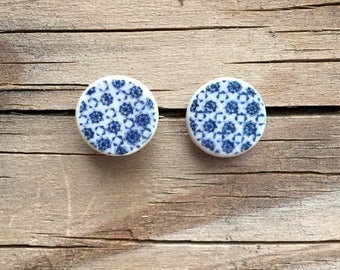 Blue and White Ceramic Stud Earrings from Thailand