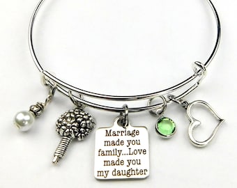 Daughter In Law Bracelet, Bride to Be, Bangle Bracelet, Wedding Shower Gift, Family Charm Bracelet, Flower Bouquet, Wedding Jewelry