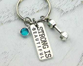 Fitness Keychain, Workout Keychain, Strong Is Beautiful, Motivational Keychain, Lifter's Keychain, Dumbbell , Personalized, Christmas Gift