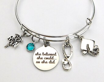 Nurse Bracelet, RN Bracelet, She Believed She Could, Personalized Keychain, Medical Charm Bracelet, Graduation Nurse Gift, Bangle Bracelet