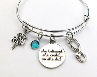 Nurse Bracelet, RN Bracelet, She Believed She Could, Personalized Keychain, Medical Charm Bracelet, Graduation Nurse Gift, Bangle Bracelet