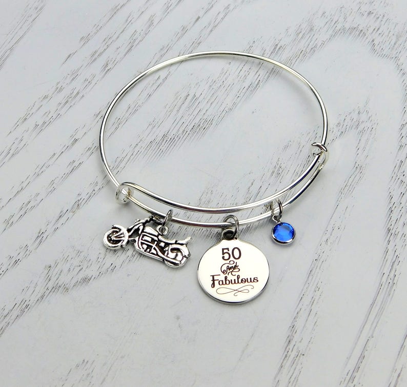 50th Birthday Gift For Woman 50 and Fabulous Bracelet Fiftieth birthday Motorcycle Biker Bracelet Friend Bracelet Milestone Birthday