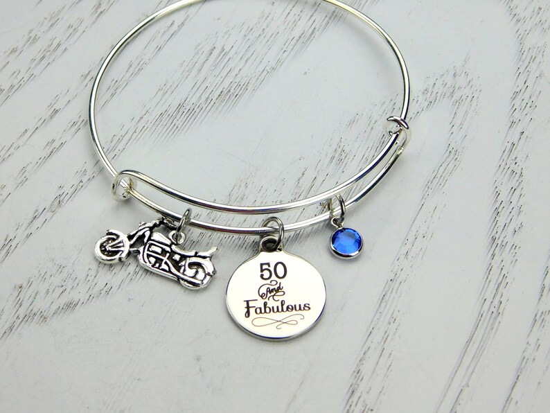 50th Birthday Gift For Woman 50 and Fabulous Bracelet Fiftieth birthday Motorcycle Biker Bracelet Friend Bracelet Milestone Birthday