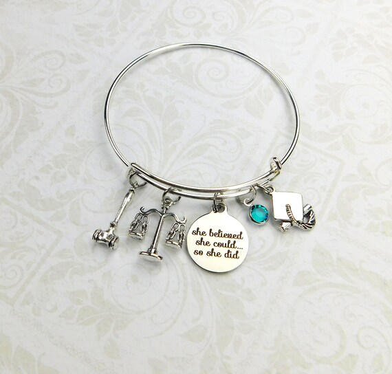 LAWYER Gift Paralegal Gift SHE BELIEVED She Could So She Did Law School Graduate Gift Scales of Justice Bracelet New Law Job Gift Legal Assistant Jewelry
