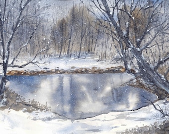 Snowy Pond Original Watercolor and Acrylic Painting