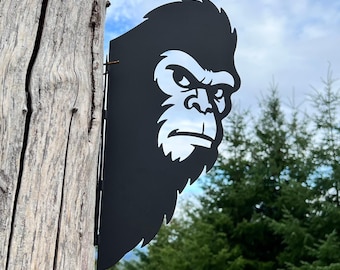 Bigfoot Yard Art 16" Tall Metal Sign – Sasquatch Tree Peeker Outdoor Decoration – 16" Steel Cutout – Mount to Trees or Fence Posts