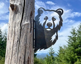 Bear Yard Art Metal Sign – 16" Tall - Tree Peeking Bear Silhouette – Outdoor Wildlife Decoration – CNC Cut 16ga Steel – Fence or Tree Mount