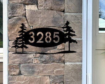 Modern Metal Address Sign, Oval Tree House Number Sign, Steel Wall Decor, Outdoor Home Numbers, Cottage or Cabin Gift, Nature Inspired