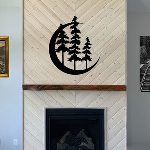 Arte de pared de metal con forma de luna y abeto de Sitka, silueta de árbol rústico, decoración natural de acero, colgante de pared para cabaña o casa de campo, letrero forestal para exteriores