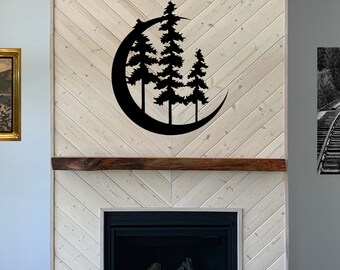 Sitka Spruce & Moon Metal Wall Art, Rustic Tree Silhouette, Steel Nature Decor, Cabin or Cottage Wall Hanging, Outdoor Forest Sign