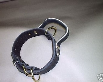 May include: Black leather dog collar with a white leather handle and a brass buckle. The collar is designed for large dogs.