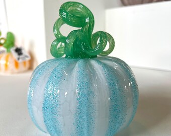Blue Stripe Handblown Glass Pumpkin