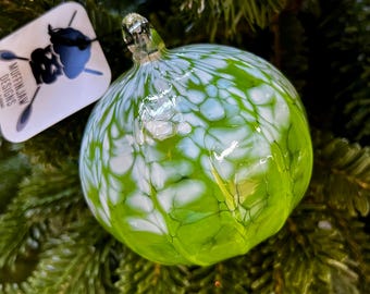 Snowy Green “Grinch” Christmas Ornament - Ribbed - Handblown Glass