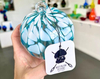 Snowy Copper Blue Christmas Ornament - Ribbed - Handblown Glass