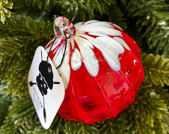 Snowy Red Christmas Ornament - Ribbed - Handblown Glass