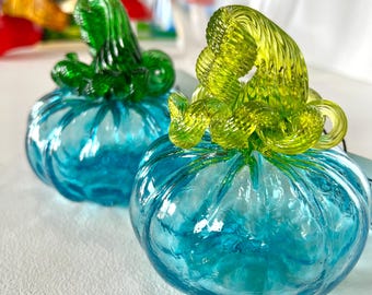 MINI Copper Blue Handblown Glass Pumpkin