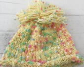 Hand Knit Baby Toddler Hat, Yellow, Beanie, Pom Pom