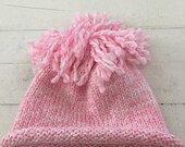 Hand Knit Baby Toddler Hat, Pink, Beanie, Pom Pom