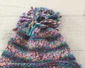 Hand Knit Baby Toddler Hat, Purple, Multi-colored, Beanie, Pom Pom