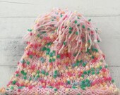 Hand Knit Baby Toddler Hat, Pink, Beanie, Pom Pom