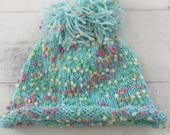 Hand Knit Baby Toddler Hat, Turquoise, Beanie, Pom Pom