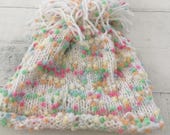 Hand Knit Baby Toddler Hat, White, Beanie, Pom Pom