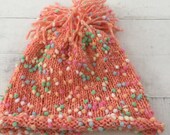 Hand Knit Baby Toddler Hat, Peach, Beanie, Pom Pom