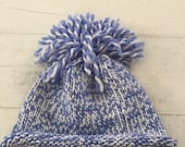 Hand Knit Baby Toddler Hat, Blue, White, Beanie, Pom Pom
