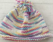 Hand Knit Baby Toddler Hat, White, Rainbow, Beanie, Pom Pom
