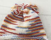 Hand Knit Baby Toddler Hat, Brown, Blue, White, Beanie, Pom Pom