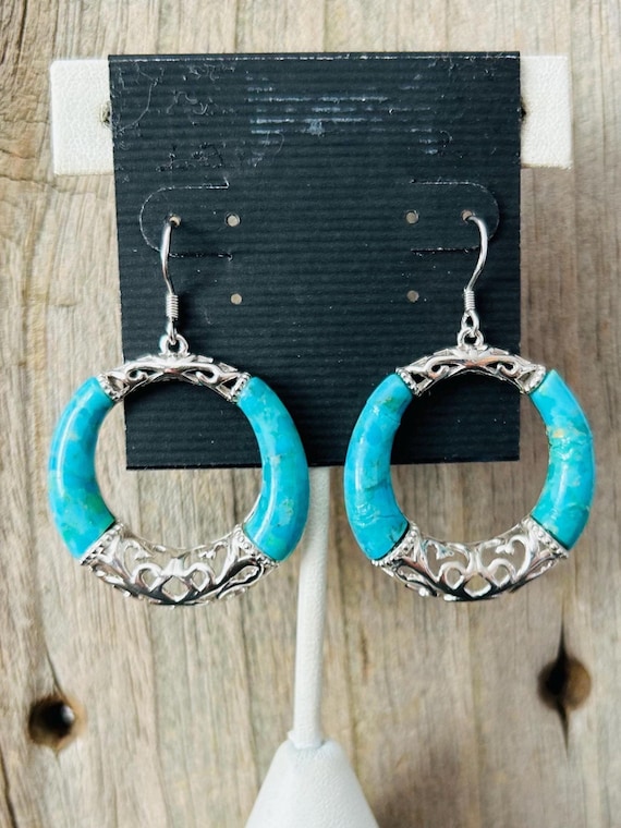 Turquoise Sterling Silver Hoop Earrings Southwestern