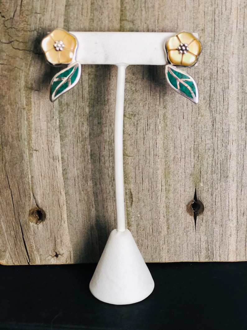 Yellow Mother-of-pearl and Chrysocolla Sterling Silver Earrings Southwestern