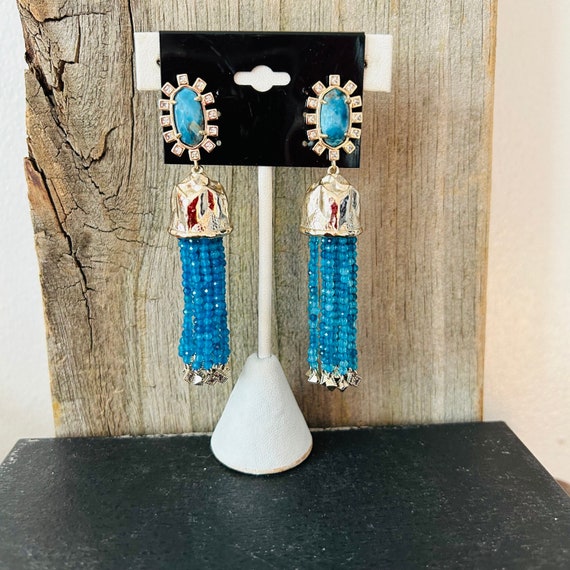 Turquoise Teal "Fringe" Silver Tone Earrings Kend… - image 1