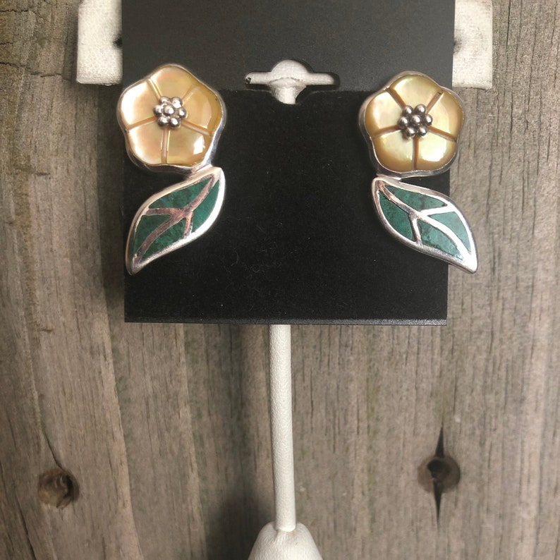 Yellow Mother-of-pearl and Chrysocolla Sterling Silver Earrings Southwestern