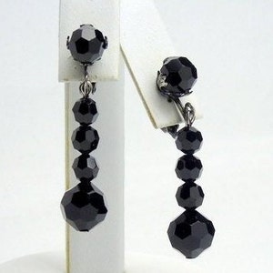 SHERMAN Earrings Beads Signed Swarovski Black Crystal 5 Bead Dangle Excellent Condition Midcentury Vintage COLLECTIBLE JEWELRY
