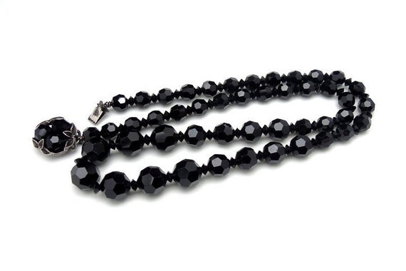 SHERMAN Necklace Signed Swarovski Black Crystals Beads