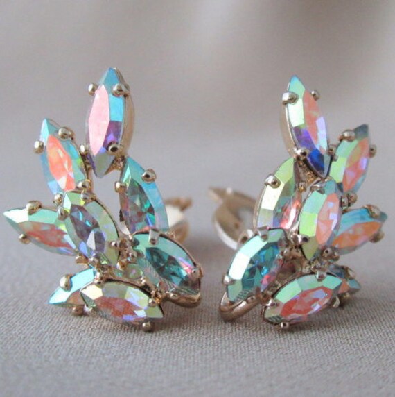 Sherman Signed Aurora Borealis Rhinestone Earrings