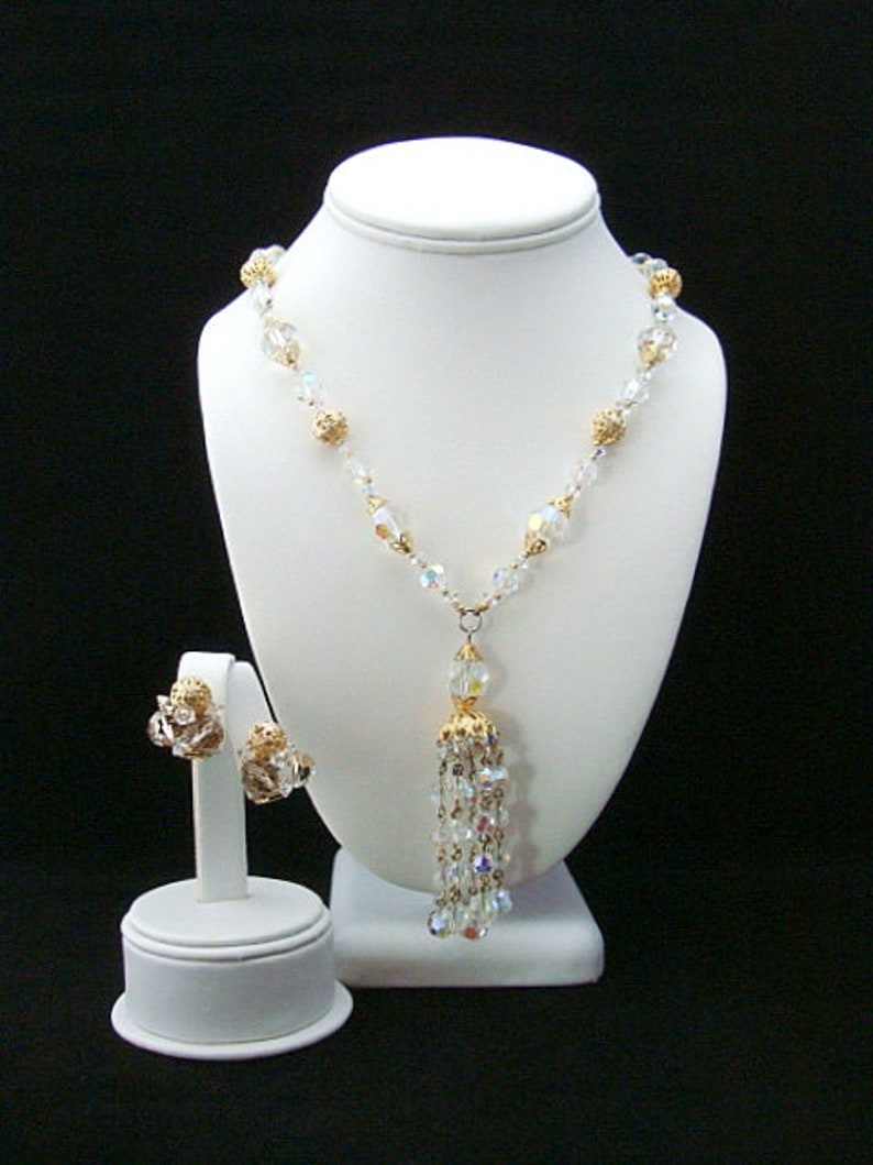 SHERMAN Necklace Set Signed Crystal and Filigree Beads and Tassel Mid-Century Vintage COLLECTIBLE JEWELRY