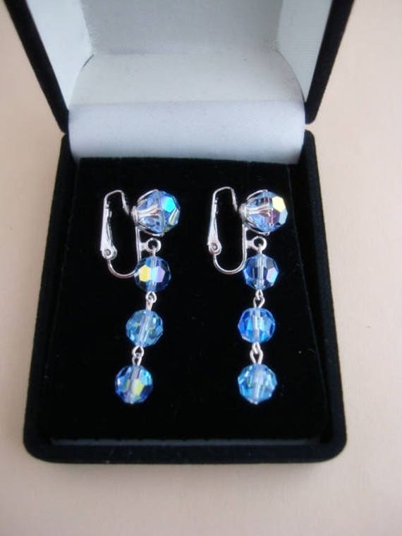 SHERMAN Earrings Beads Signed Swarovski Blue Crys… - image 4