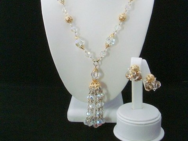 SHERMAN Necklace Set Signed Crystal and Filigree Beads and Tassel Mid-Century Vintage COLLECTIBLE JEWELRY