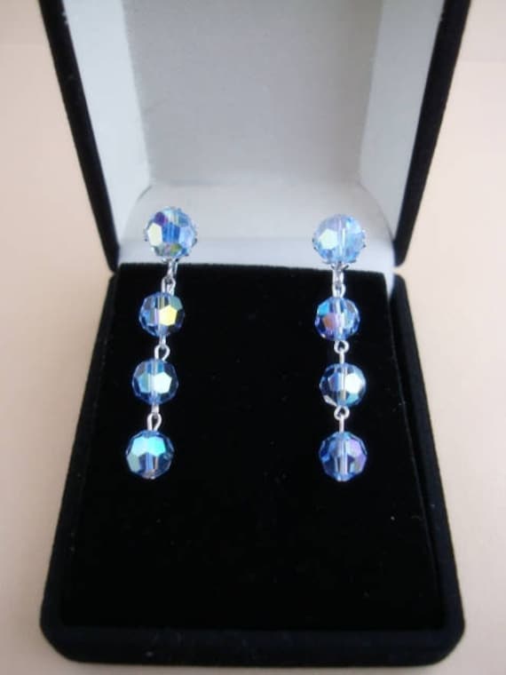 SHERMAN Earrings Beads Signed Swarovski Blue Crys… - image 1