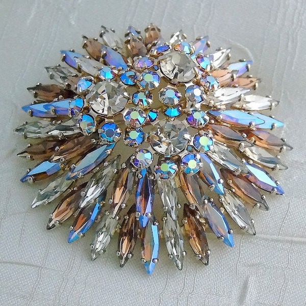 Sherman Brooch Signed Topaz Swarovski Layered Navettes with 3 Large Multifaceted Chatons on Apex Midcentury Vintage COLLECTIBLE JEWELRY