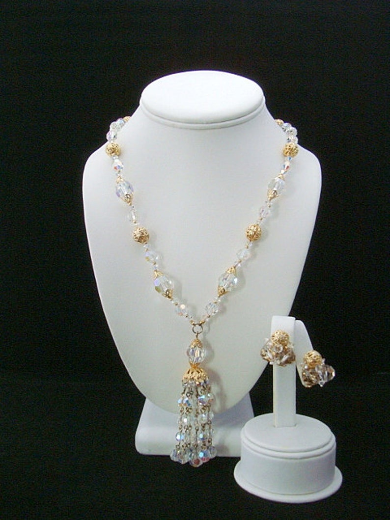 SHERMAN Necklace Set Signed Crystal and Filigree Beads and Tassel Mid-Century Vintage COLLECTIBLE JEWELRY