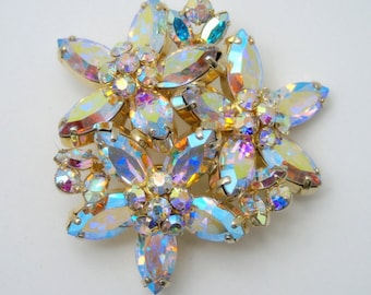 SHERMAN Brooch Signed Aurora Borealis Swarovski Rhinestones Very Colourful and Flashy Very Noticeable Midcentury Vintage COLLECTIBLE JEWELRY