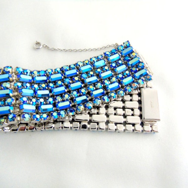 SHERMAN Bracelet Signed Bright Blue Swarovski Baguette & Chaton Rhinestones 7-Rows Articulated Cuff Midcentury Vintage COLLECTIBLE JEWELRY