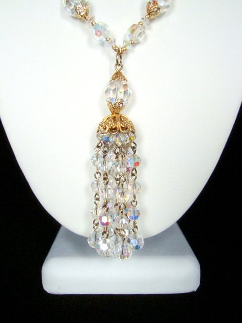 SHERMAN Necklace Set Signed Crystal and Filigree Beads and Tassel Mid-Century Vintage COLLECTIBLE JEWELRY
