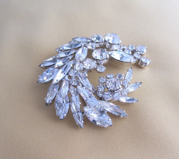SHERMAN Brooch Signed Clear Swarovski 